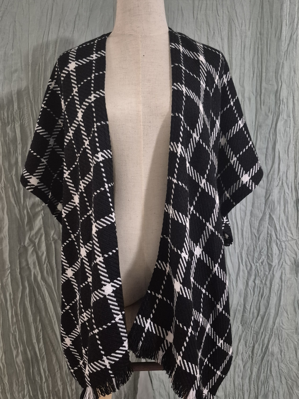 LOFT Black and White Plaid Open-Front Poncho